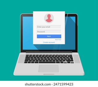 Member login form into account managment page on laptop screen, ui element, web site, mobile app, secure login. Vector illustratiom in flat style