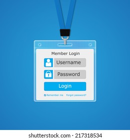 member login form on id plastic id badge with holder for name tag. vector illustrations