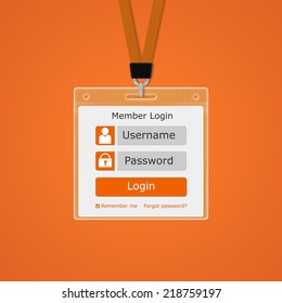 member login form on id plastic id badge with holder for name tag. vector illustrations