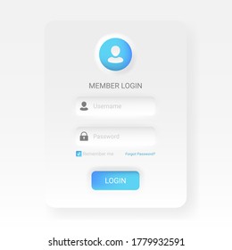 Menú de inicio de sesión para miembros en estilo neomorfo o neomorfismo, moderno diseño minimalista de diseño blanco UI UX kit 2020, ilustración vectorial fácil de editar