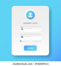 Menú de inicio de sesión para miembros en estilo neomorfo o neomorfismo, moderno diseño minimalista de diseño blanco UI UX kit 2020, ilustración vectorial fácil de editar