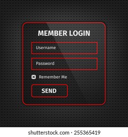 Member login user interface with red outlines on dark black background. Vector illustration.