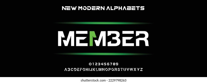 MITGLIED Modern Fett Font. Normale Italienische Nummerntypografie Alphabet-Schriftarten für Mode, Sport, Technologie, Digital, Film, Logo-Design, Vektorgrafik