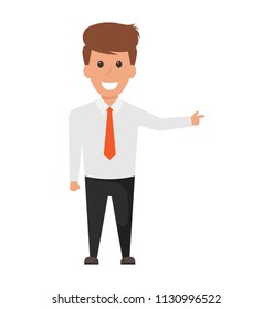 
A member of an organization with arm out in a inviting gesture.
