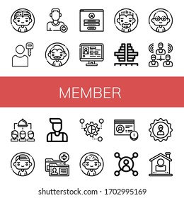 member simple icons set. Contains such icons as Man, User, Add friend, Login, Profile, Population, Group, Account, Grouping, can be used for web, mobile and logo