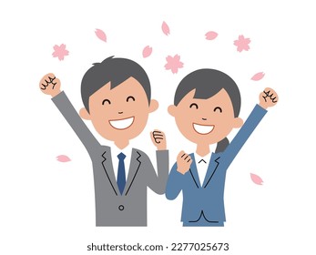 A member of society attends the company entrance ceremony while cherry blossom petals are dancing