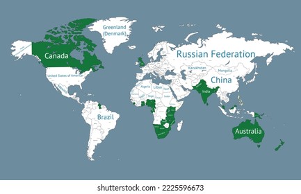 Member states of the British Commonwealth are highlighted on the world map. Vector illustration.