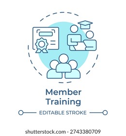 Member training soft blue concept icon. Professional certificate, team organization. Personal growth. Round shape line illustration. Abstract idea. Graphic design. Easy to use in presentation