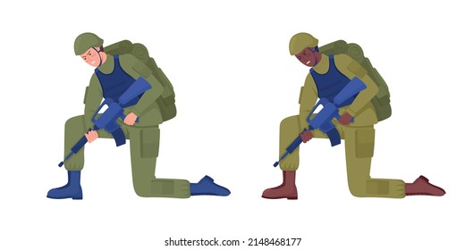 Members of armed forces semi flat color vector character set. Standing on one knee figures. Full body people on white. Simple cartoon style illustration collection for web graphic design and animation