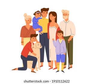 Members of big happy family standing together with senior grandparents, parents, children and dog. Portrait of mother and father with kids. Color flat vector illustration isolated on white background