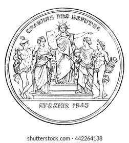 Members of the Chamber of Deputies, vintage engraved illustration. Magasin Pittoresque 1843.
