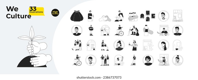 Members community collaboration black and white cartoon flat illustration bundle. Help volunteers diverse 2D lineart characters isolated. Sustainable support monochrome vector outline image collection