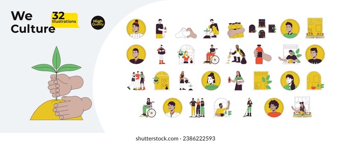 Members community collaboration line cartoon flat illustration bundle. Help volunteers diverse 2D lineart characters isolated on white background. Sustainability support vector color image collection