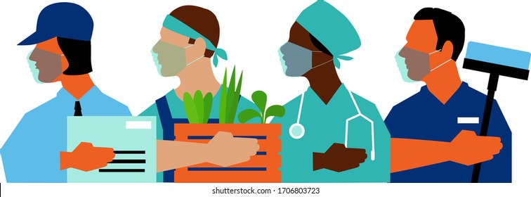 Members of essential workforce wearing medical face masks, EPS 8 vector illustration	