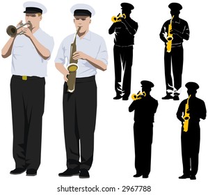 Members of military band playing trumpet and saxophone. Vector illustration and silhouette