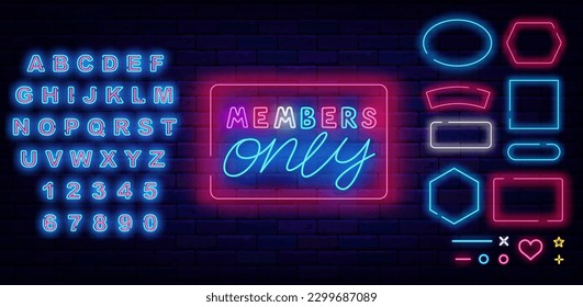 Members only neon label with lettering. Premium access. Shiny sign. Light phrase. Glowing banner. Vip club. Luminous blue alphabet. Geometric frames set. Editable stroke. Vector stock illustration