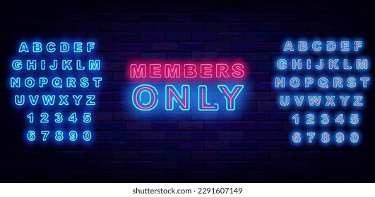 Members only neon label on brick wall. Luminous turquoise alphabet. Premium access. Shiny phrase. Light simple quote. Glowing emblem. Vip club. Luminous label. Vector stock illustration