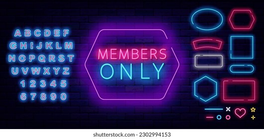 Members only neon label on brick wall. Premium access. Shiny sign. Glowing banner. Vip club. Luminous blue alphabet. Geometric frames collection. Editable stroke. Vector stock illustration