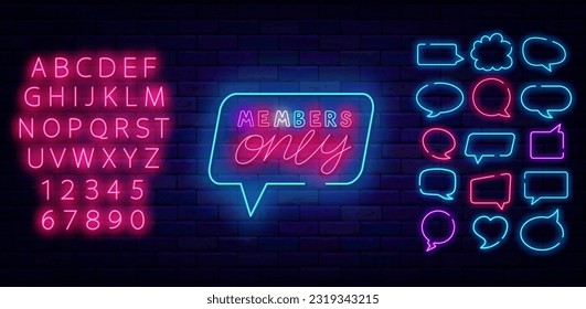 Members only neon label. Premium access. Think cloud frames set. Shiny phrase. Light pink alphabet. Bright quote. Glowing banner. Vip club sign. Editable stroke. Vector stock illustration