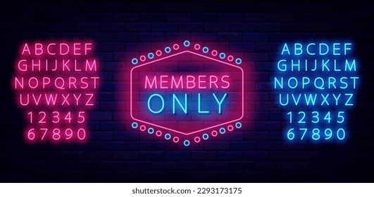 Members only neon label. Vintage frame on brick wall. Luminous blue and pink alphabet. Premium access. Light simple quote. Glowing emblem. Vip club. Luminous label. Vector stock illustration