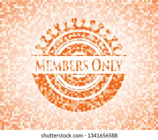 Members Only orange tile background illustration. Square geometric mosaic seamless pattern with emblem inside.