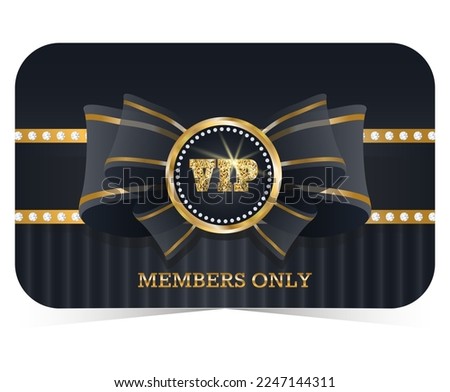 Members only. VIP card design template. Design with diamond round frame and silk bow on luxury black background.