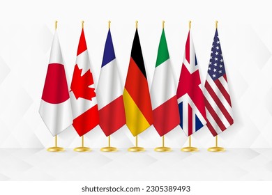 Members of political forum flags on flag stand, set of vector flag of Japan, Canada, France, Germany, Italy, United Kingdom, United States.