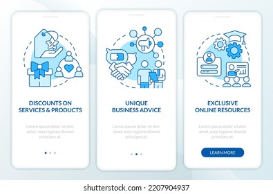 Membership Benefits Blue Onboarding Mobile App Screen. Business Clubs Walkthrough 3 Steps Editable Graphic Instructions With Linear Concepts. UI, UX, GUI Template. Myriad Pro-Bold, Regular Fonts Used