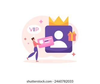 a membership concept. join to become a VIP member. priority, premium, or exclusive accounts. privileged members. a man brings a membership card. benefits and rewards. illustration concept design