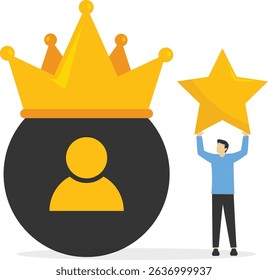 A membership concept. join to become a VIP member. priority, premium, or exclusive accounts. privileged members. a man with a membership card and a crown. black card. illustration concept design stock