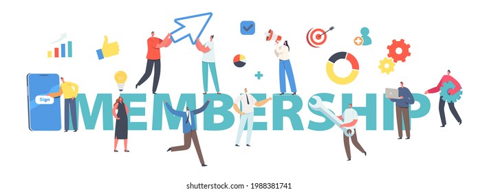 Membership Concept. New User Online Registration and Sign Up. Tiny Characters Signing Up or Login to Account on Huge Smartphone ScreenPoster, Banner or Flyer. Cartoon People Vector Illustration