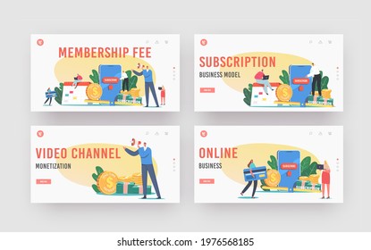 Membership Fee Landing Page Template Set. Subscription Business Model. Monthly Order Service with Automatic Payment. Tiny Characters Pay for Premium Content. Cartoon People Vector Illustration
