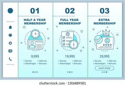Membership fee prices onboarding mobile app screens vector templates. Tariff plans steps. Walkthrough website pages interface. Account registration. Smartphone subscription payment web page layout