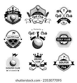 Membership in golf club, isolated logotypes, emblems or label for golfers community. Icon of ball and golf equipment for playing. Leisure time and rich hobbies for people. Vector in flat style