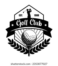 Pertenencia al club de golf, ícono aislado monocromo de jugador con bola de tiro con palo. Deportes y pasatiempos, animación y actividades. Logotipo o etiqueta, emblema o logotipo. Vector de estilo plano