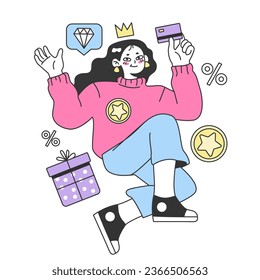 Membership program with rewards, offers and cashback for a purchase. Commercial program for client retention. PR campaign for customer loyalty. Marketing promotion. Flat vector illustration
