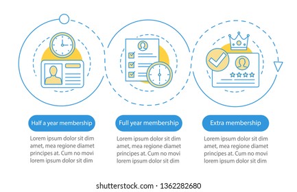 Membership, subscription vector infographic template. Tariff plans. Account registration. Data visualization with three steps and options. Process timeline chart. Workflow layout with icons