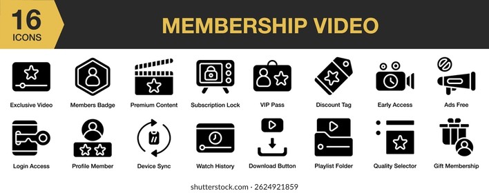 Membership Video solid icon set. Includes subscription, network, subscribe, content, channel, digital, and More. Solid icons vector collection.