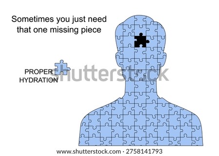 Meme about proper hydration and drinking water for physical wellbeing. Person with one missing piece. Humor for social media.