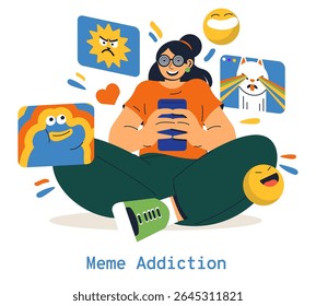 Meme Addiction concept. Illustrates the phenomenon of excessive engagement with digital memes. Showcases a person engrossed in their phone surrounded by various meme expressions. Vector illustration.
