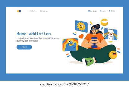 Meme Addiction concept. A person interacts with various memes on a smartphone, illustrating the fun and captivating nature of online meme culture. This design sparks curiosity and engagement. Vector