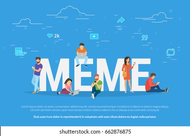 Ilustración vectorial de concepto meme. Diseño plano de los jóvenes que usan dispositivos móviles como laptop, tablet pc y smartphone para republicar memes en redes sociales, leer noticias y publicar nuevas tendencias