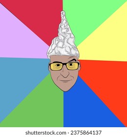 Meme, conspiracy person with aluminum pyramid cap and yellow glasses.