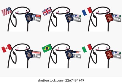 meme de internet, garabatitos, dibujo con palitos, visa, estados unidos, inglaterra, brasil, italia, francia, canadá, viaje, pasaporte, banderas, flork