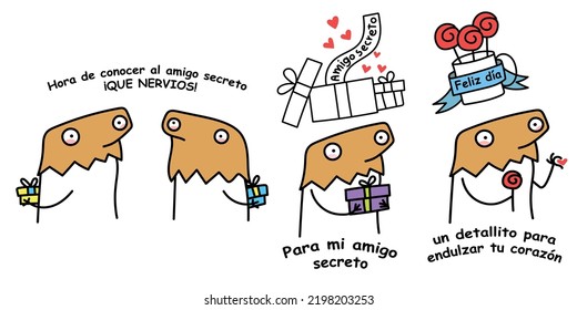 meme de internet Flork: paquete de arte para el amigo secreto. traducción: "Es hora de conocer a mi amigo secreto, ¡qué nervios! Amigo secreto. Feliz día. Por mi amigo secreto. Un pequeño detalle para endulzar tu corazón".