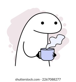 Meme flork holding a mug on a beige background