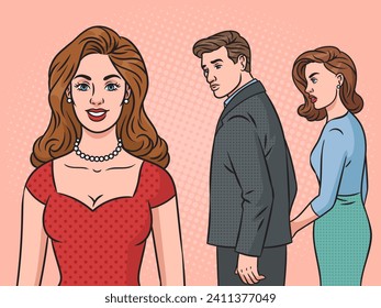 meme guy looking at another girl meme pop art retro hand drawn vector illustration. Comic book style imitation.