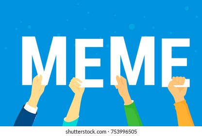 Meme letters concept vector illustration of happy young people following internet trends, reposting and publishing new trends in social network. Flat human hands hold meme letters on blue background