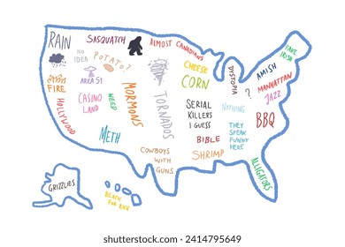 Meme map of America. Funny stereotypes United States map according to tourists.