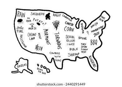 Meme map of America. Funny stereotypes United States map according to tourists.